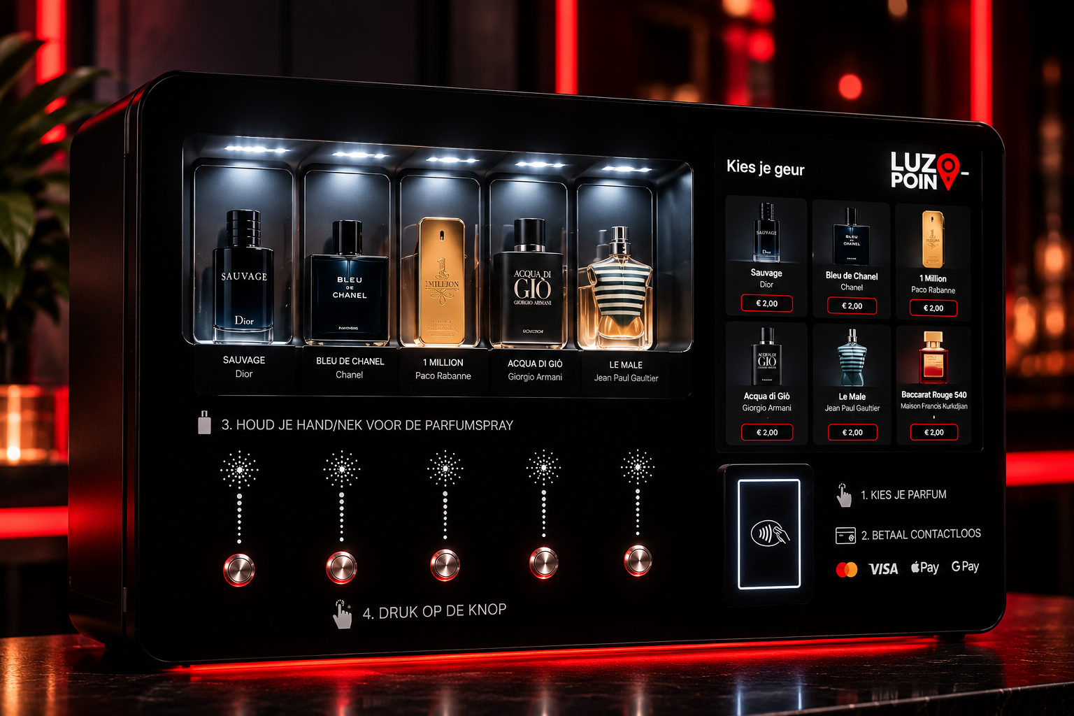 Luxe parfumstation van LUZO POINT met verlichte flacons, touchscreen en contactloos betalen